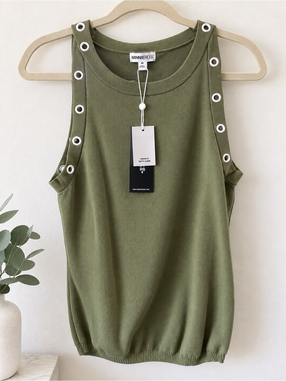 Minnie Rose Olive Grommet-Trim Sleeveless Knit Tank Top - New With Tags.